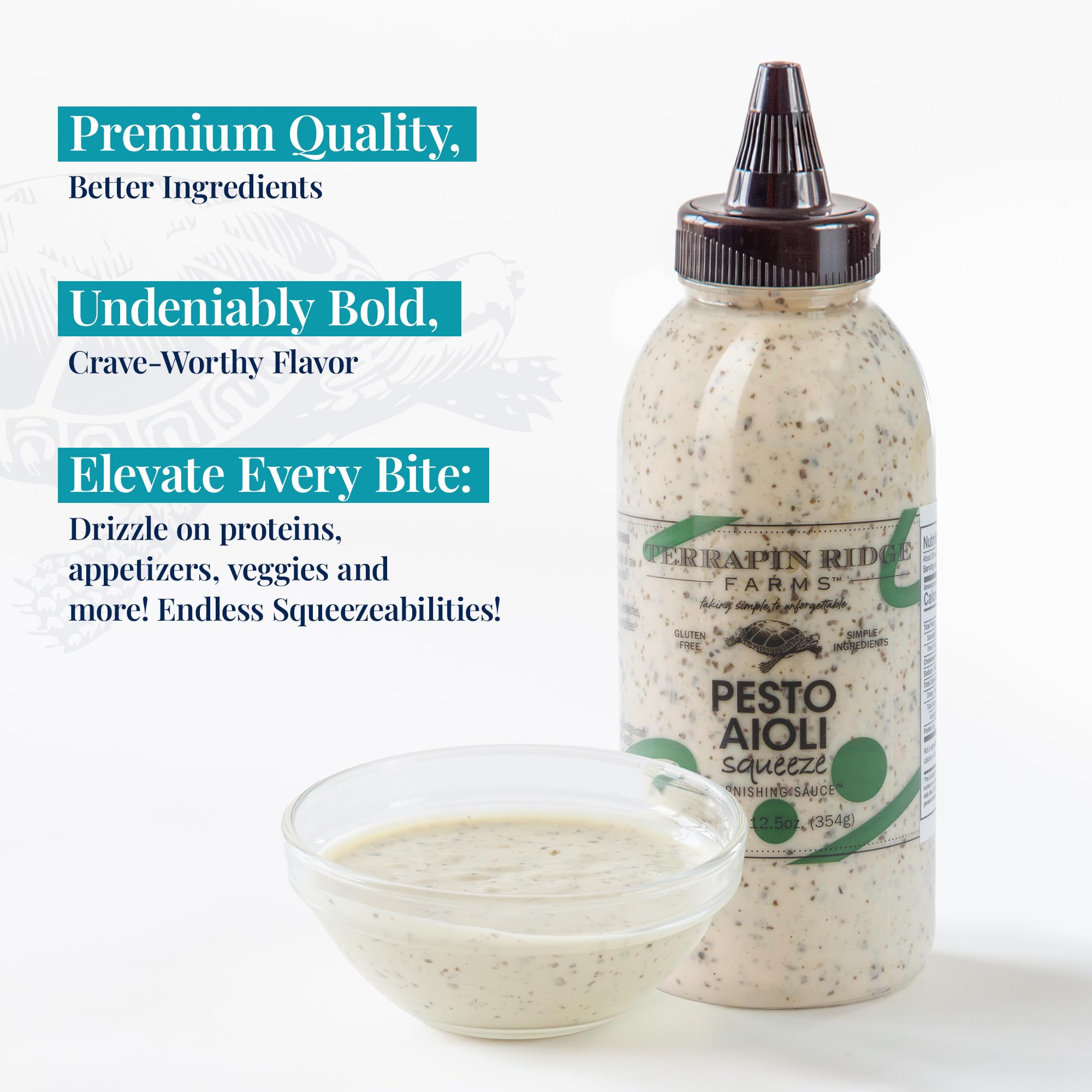 Terrapin Ridge Farms Pesto Aioli Garnishing Sauce - Bright Basil & Garlic Flavor - Perfect for Grilled Chicken, Sandwiches, and Veggies - 12.5 oz