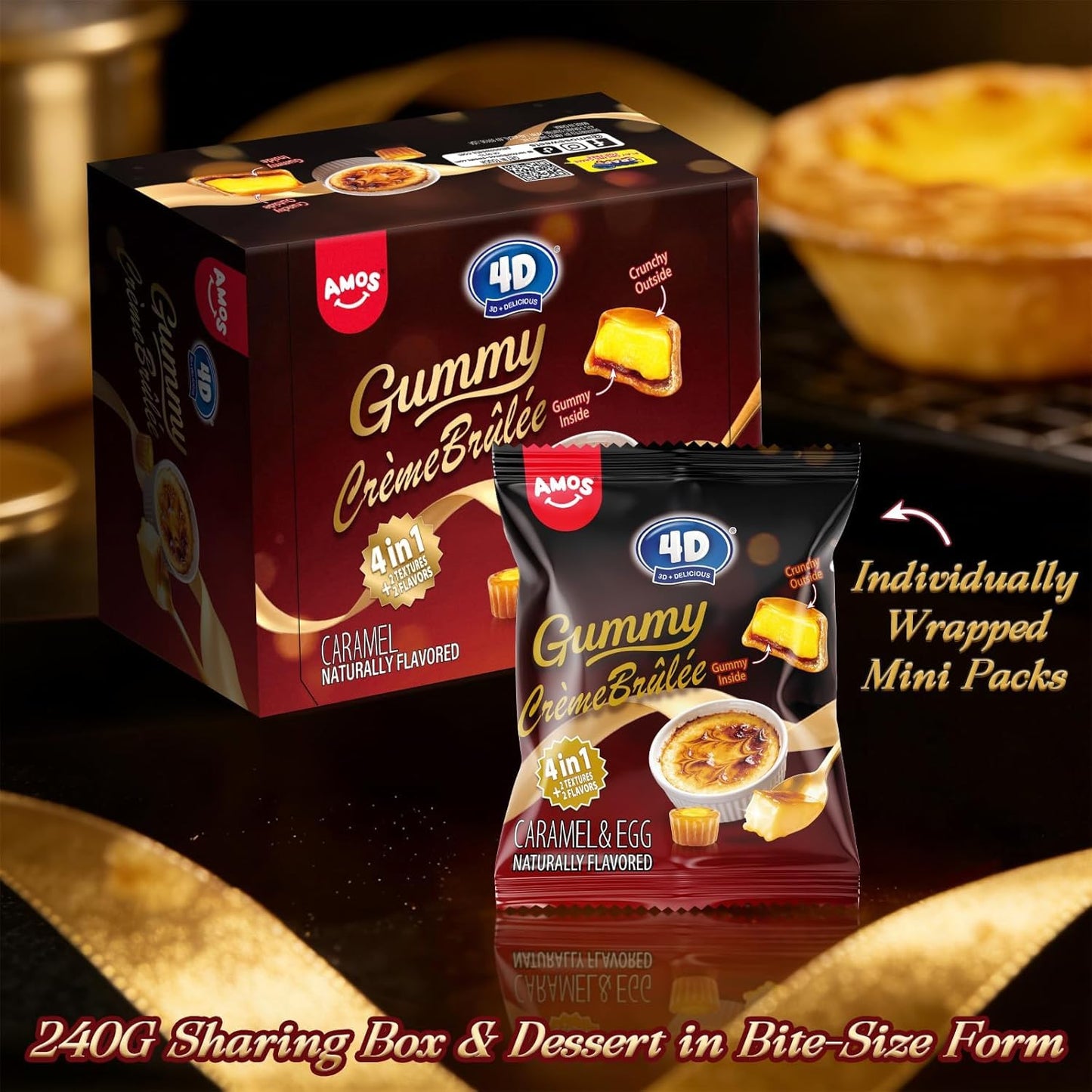 Amos 4D Creme Brulee Gummy Candy, Caramel Flavored Soft Chewy Gummies, Individually Wrapped On The Go Snacks, 8.47 oz (240g)