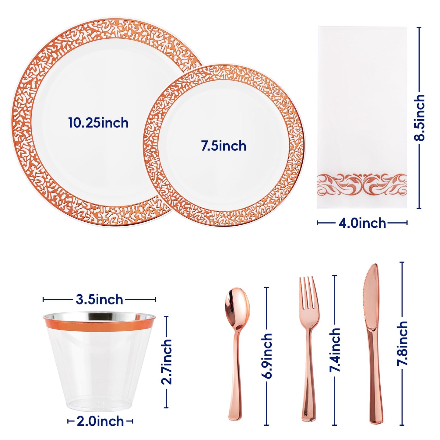 ?????? Count Rose Gold Plastic Dinnerware Disposable Plates 30 Dinner & 30 Dessert Plates & 30 Cups & 30 Rose Gold Paper Napkins & 30 Plastic Silverware