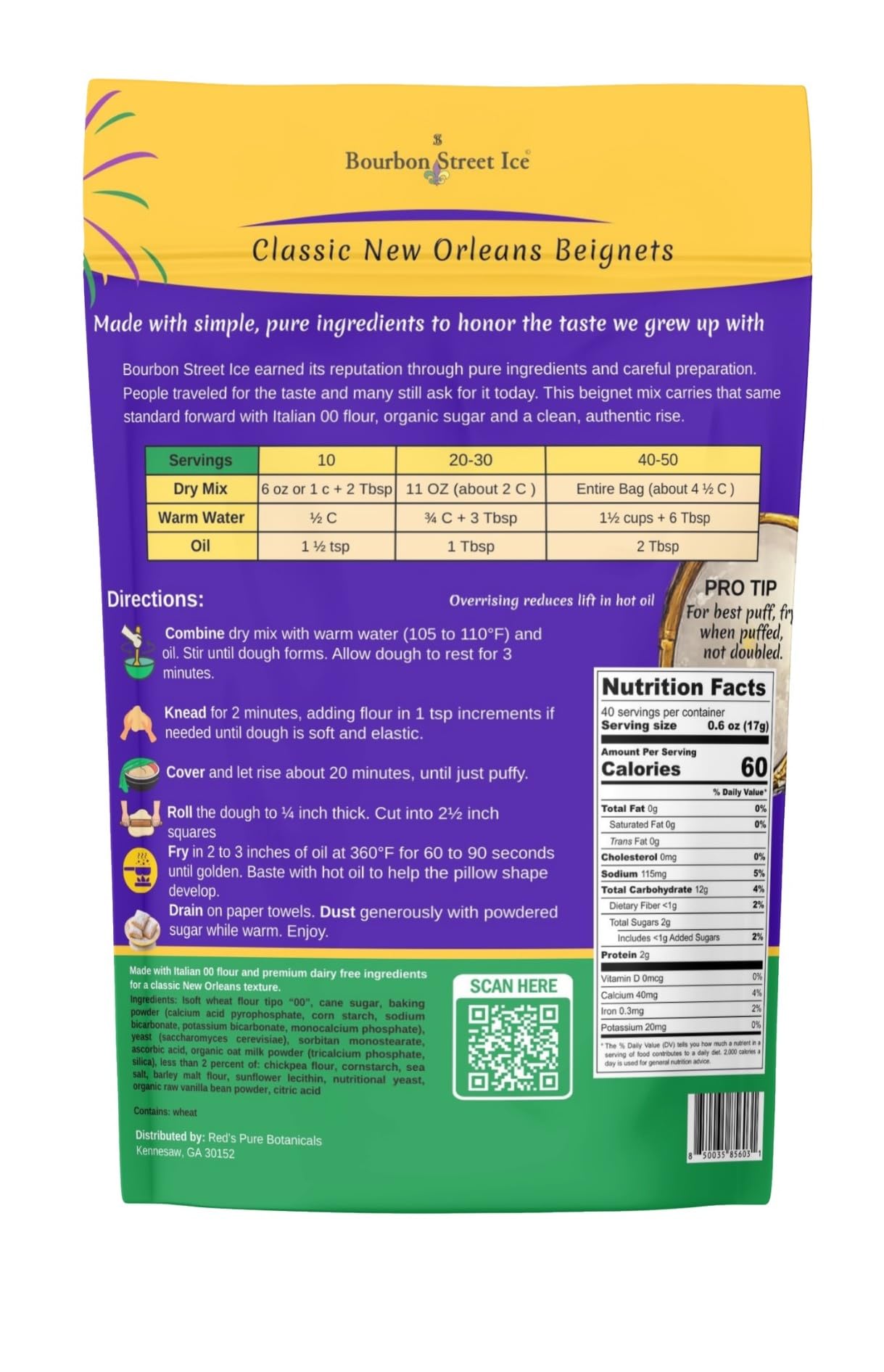 Premium Authentic New Orleans Beignet Mix, Italian 00 Flour, Just Add Water & Oil, Vegan, No Artificial Ingredients, Café Style French Doughnuts - 16oz