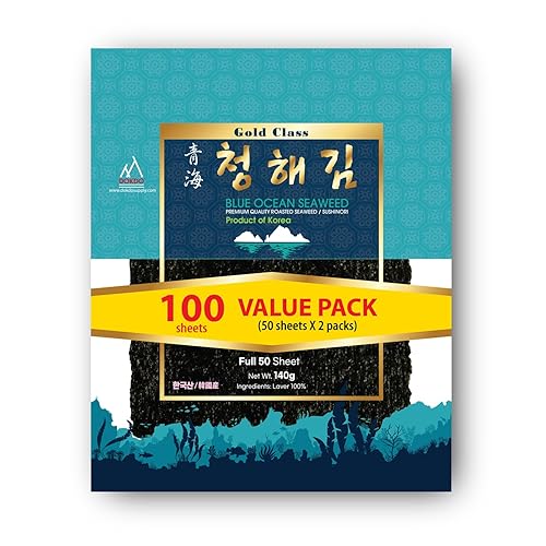 Blue Ocean Sushi Nori Seaweed Sheets Full Sheets 100 sheets 280Gram(2-pack of 50 Full Sheets 140g) Organic Yaki Roasted Rolls Wraps 100% Natural Laver