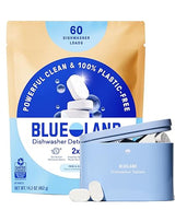 BLUELAND 100% Plastic-Free Dishwasher Detergent Tablets, Starter Set, 60 Count with tin, Free & Clear, Eco-Friendly Dishwashing Pods, Natural, USDA