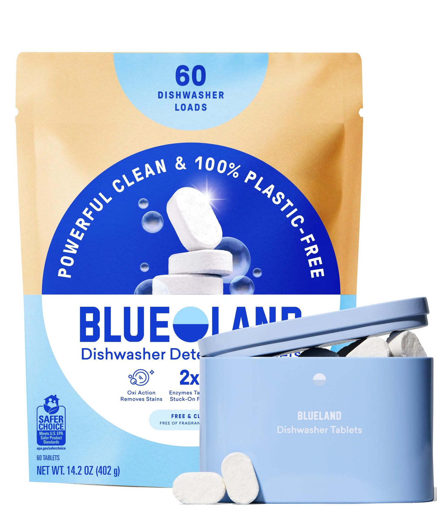 BLUELAND 100% Plastic-Free Dishwasher Detergent Tablets, Starter Set, 60 Count with tin, Free & Clear, Eco-Friendly Dishwashing Pods, Natural, USDA