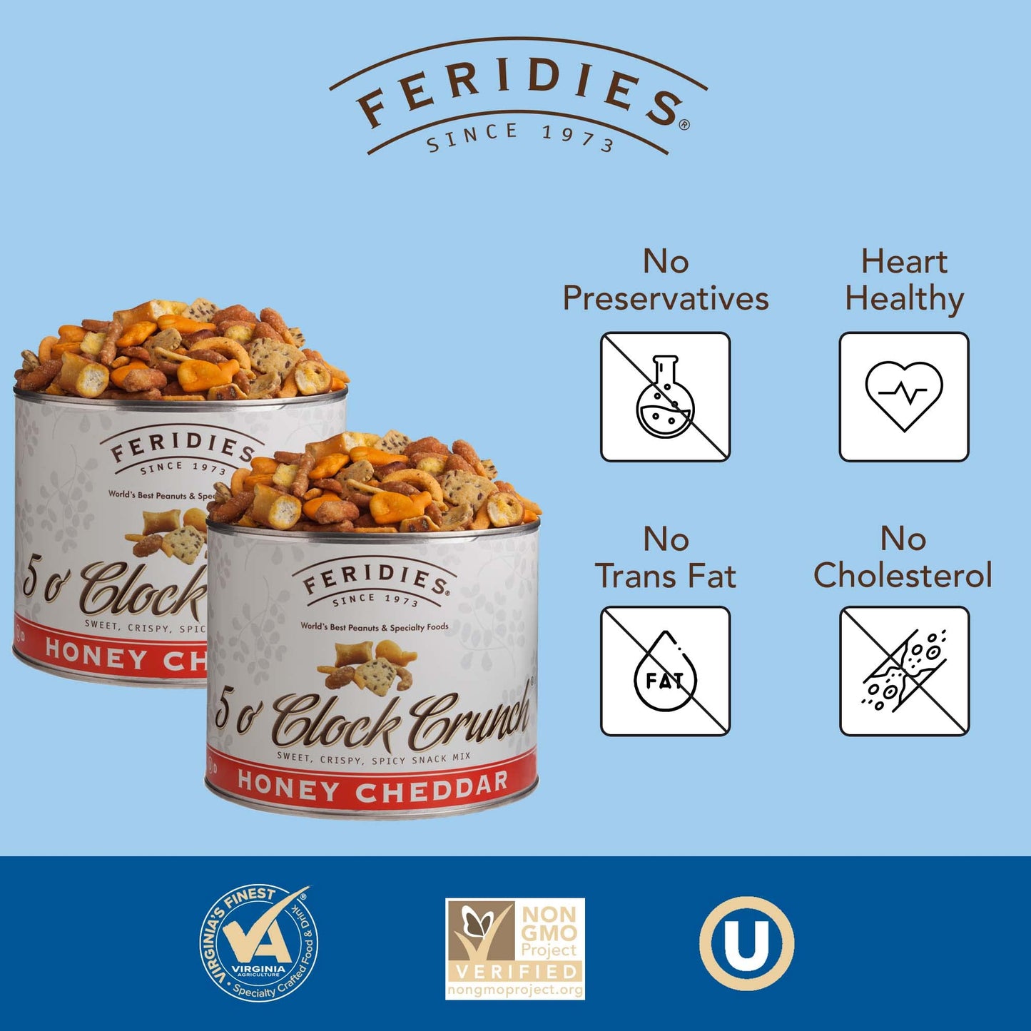 FERIDIES 5 O'Clock Crunch Honey Cheddar Snack Mix- Value 2 Pack - 28oz Vacuum Sealed Tins