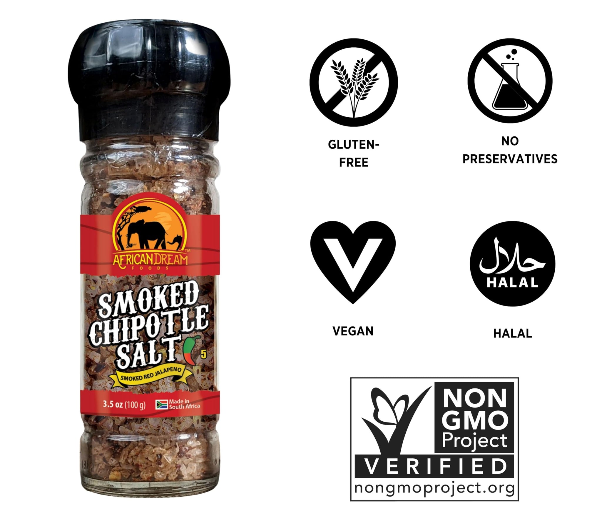 Smoked Chipotle Spicy Salt Seasoning by African Dream Foods | Spicy Chili Salt with Natural African Jalapeno Peppers, Sea Salt | Ideal for Meat