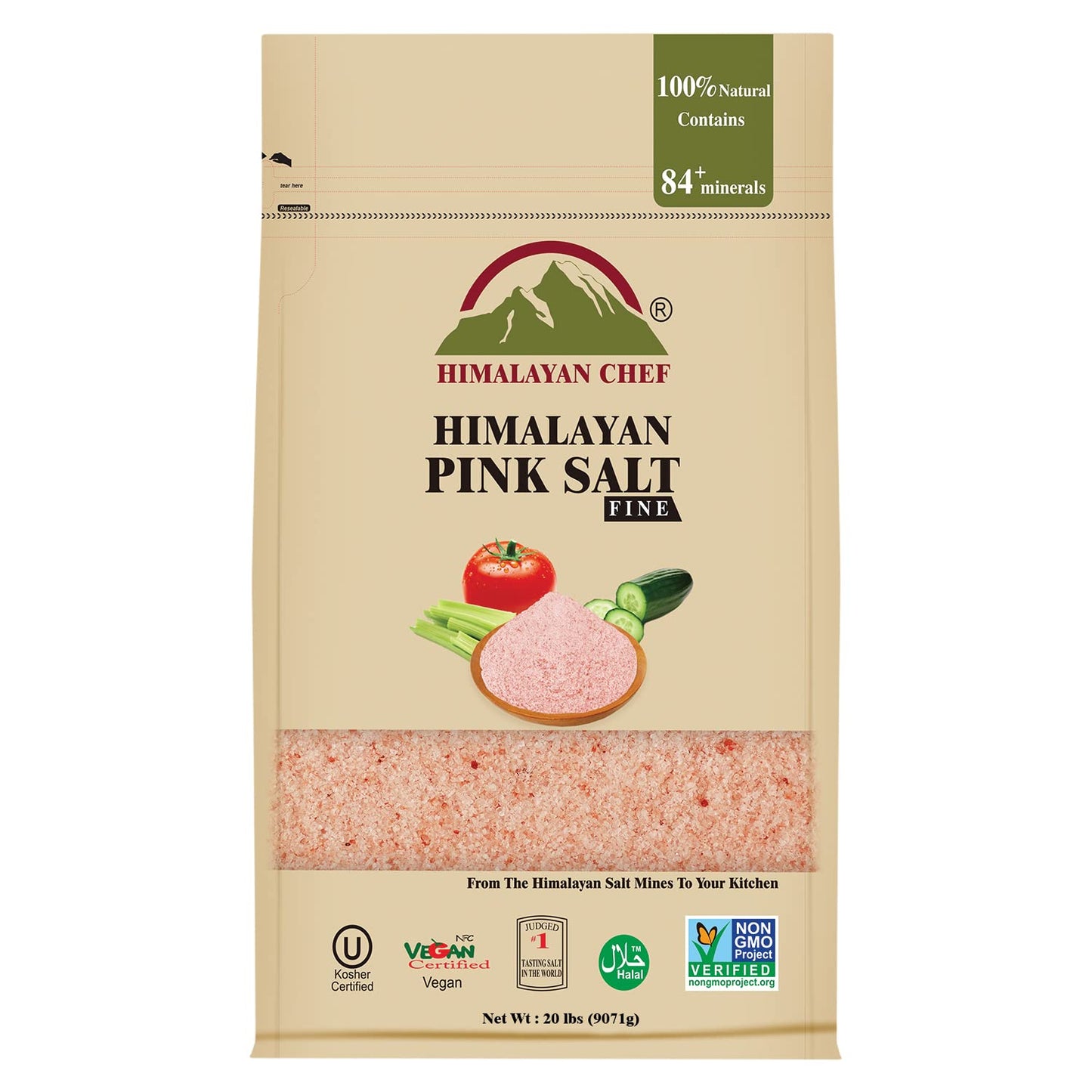 Himalayan Chef Himalayan Pink Salt, Fine Grain Bulk Size - 20 lbs, Kosher & Halal Certified, Natural & Chemical Free Rock Salt - Bag