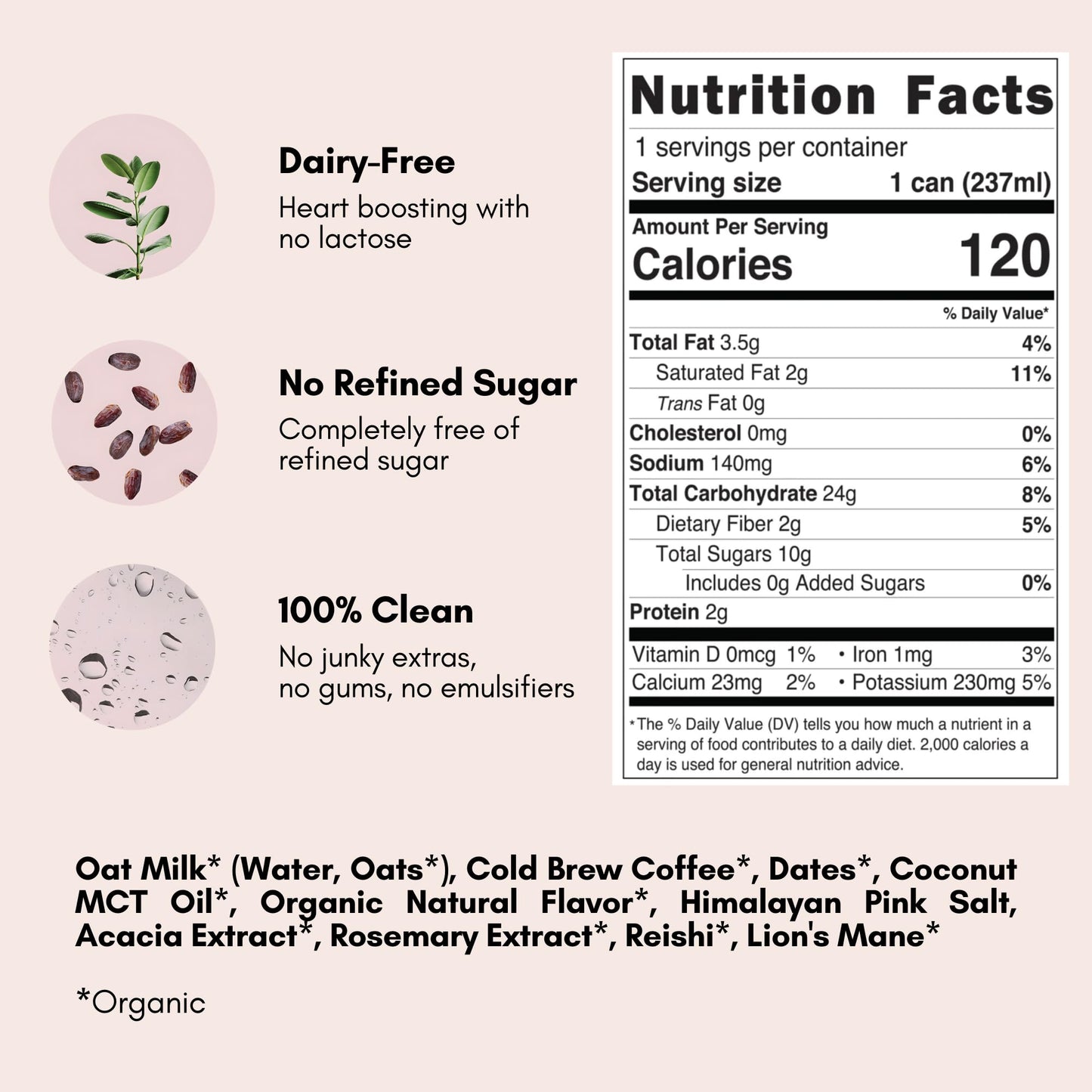 Pop & Bottle Oat Milk Latte - Cold Brew with Lion's Mane & Reishi, MCT Oil, Organic, Dairy Free, Gluten Free, Sweetened with Dates - Caramel, 8 Fl Oz