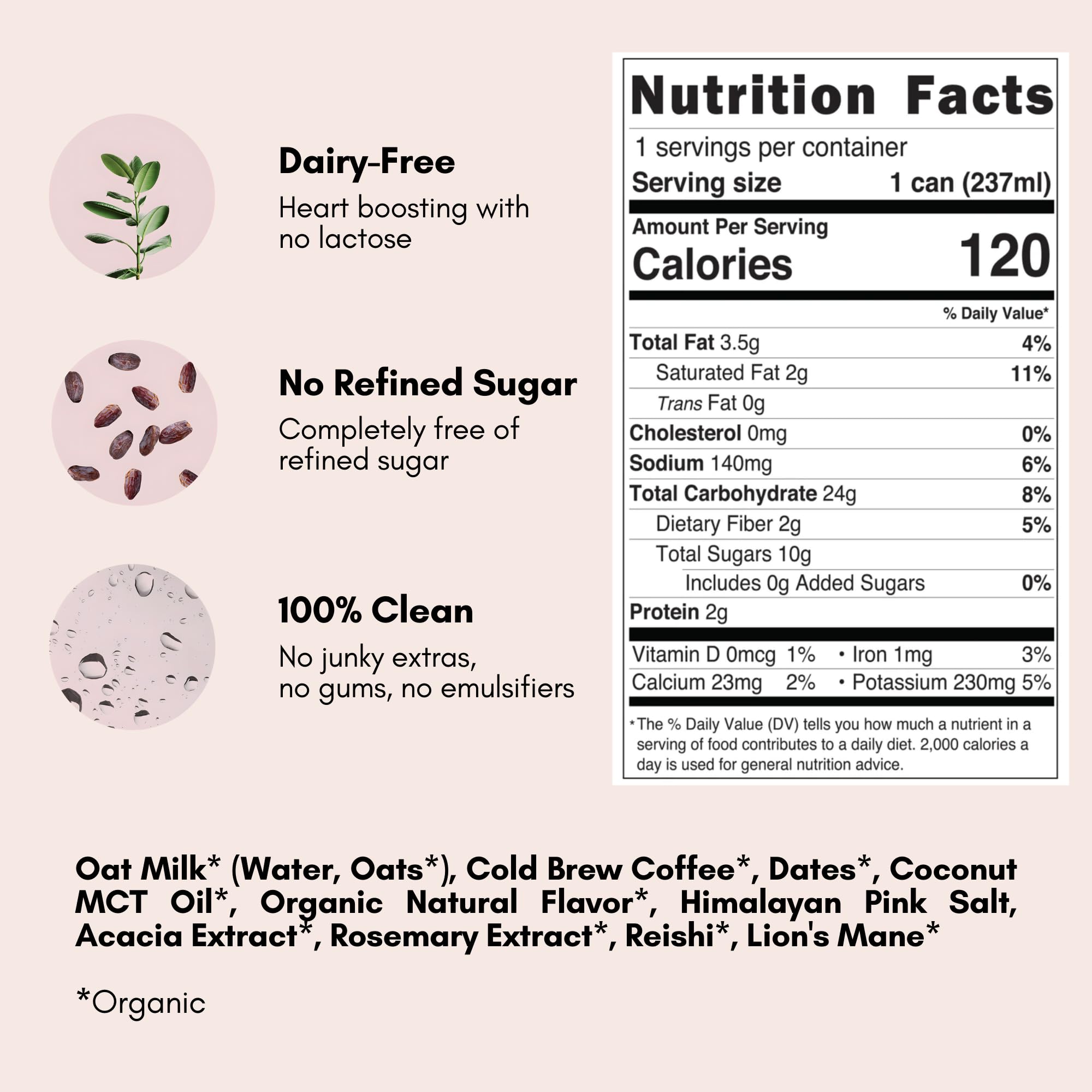 Pop & Bottle Oat Milk Latte - Cold Brew with Lion's Mane & Reishi, MCT Oil, Organic, Dairy Free, Gluten Free, Sweetened with Dates - Caramel, 8 Fl Oz