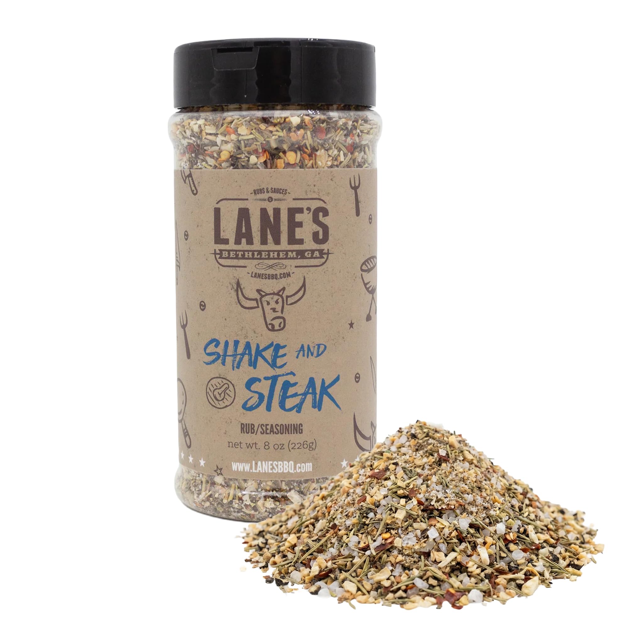 Lane's BBQ Shake and Steak Rub, 8 oz, All Natural Steak Seasoning for Grilling, Meat Seasoning for Ribeye, Chicken, Pork, Burgers, Prime Rib Rub