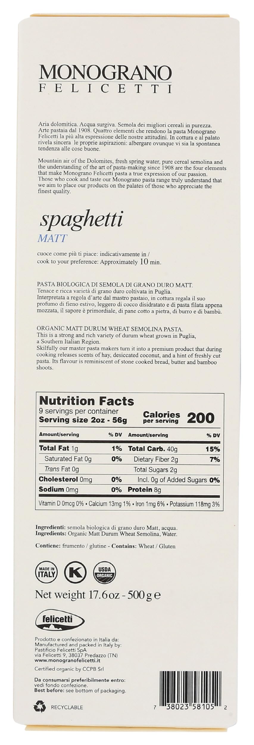 Monograno Felicetti, Pasta Spaghetti Matt Organic, 17.6 Ounce