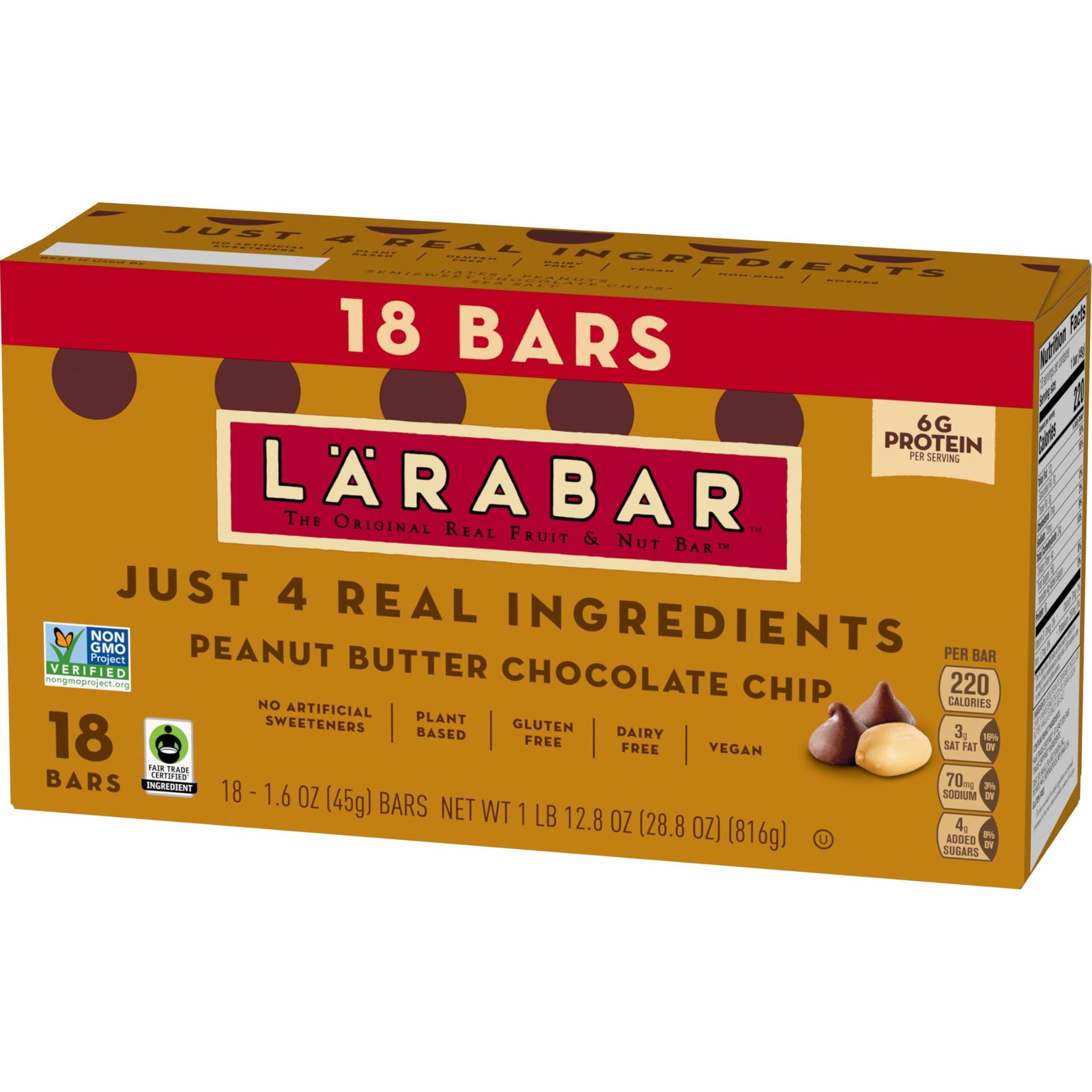 Larabar Peanut Butter Chocolate Chip, Fruit and Nut Bars, Gluten Free and Vegan, 18 Ct, 28.8 oz