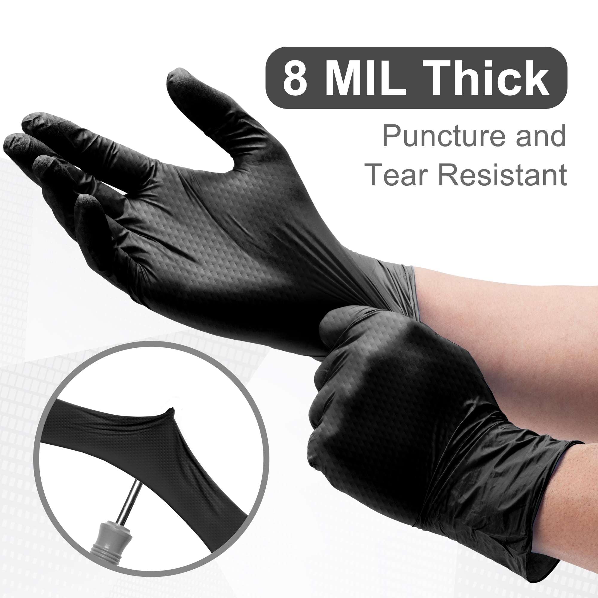 WECARE Black 8 Mil Nitrile Gloves Medium 100 Pack - Heavy Duty Mechanic Gloves, with Diamond Grip - Powder and Latex Free Disposable Gloves