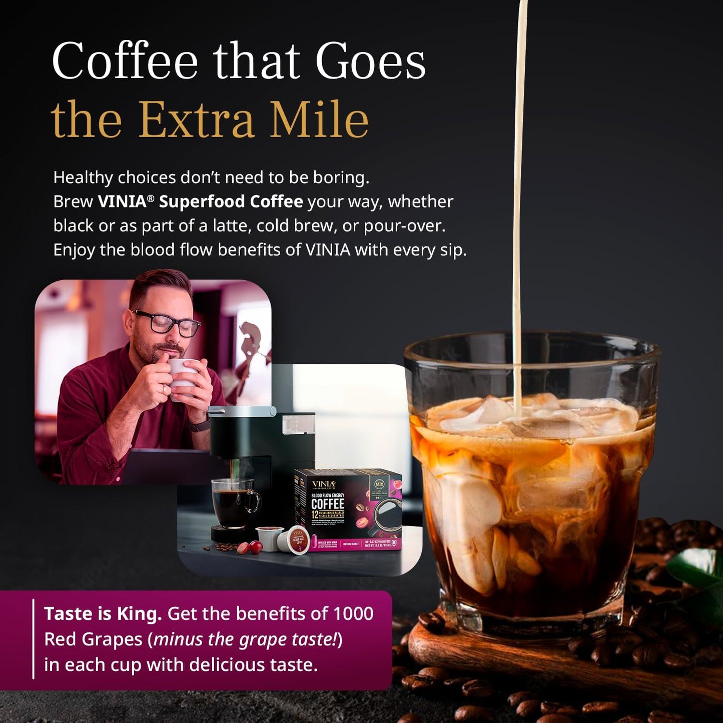VINIA Medium Dark Roast Coffee with Red Grape Piceid Resveratrol, Nitric Oxide for Heart Health, Alertness, Physical Energy & Blood Flow Circulation