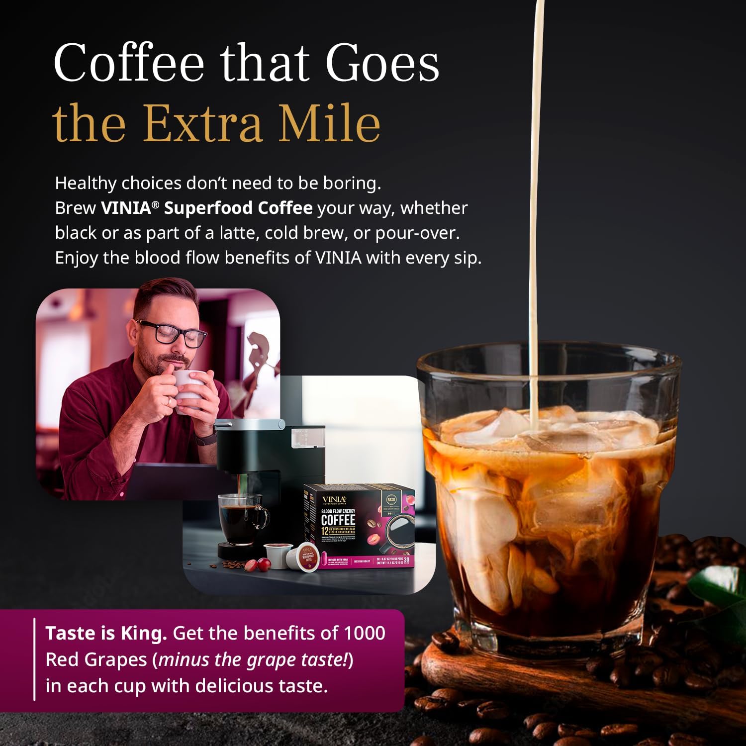 VINIA Medium Dark Roast Coffee with Red Grape Piceid Resveratrol, Nitric Oxide for Heart Health, Alertness, Physical Energy & Blood Flow Circulation