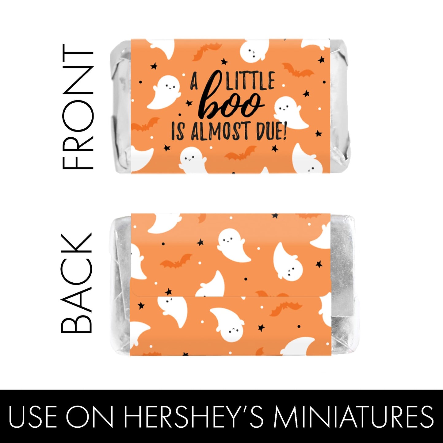 Orange A Little Boo is Almost Due Halloween Baby Shower Wrappers for Mini Chocolate Bars, Party Favor Candy Stickers - 42 Count