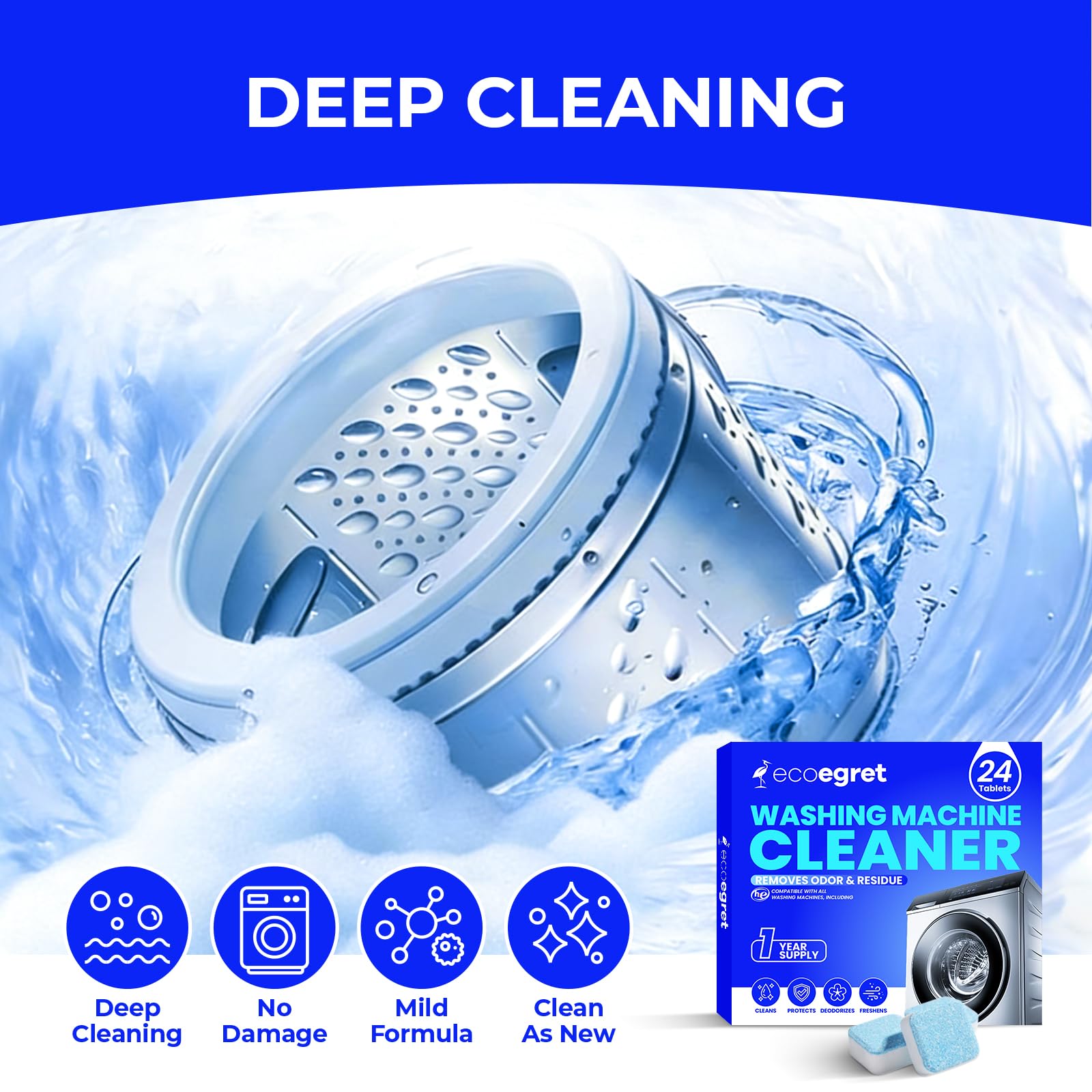 EcoEgret Washing Machine Cleaner (24 Pack), Washing Machine Cleaning Tablets for Front Load & Top Load HE Washers, Washer Cleaner Easily Removes