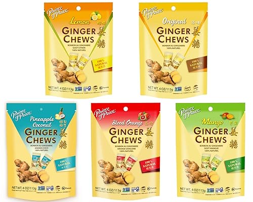 ADVENTURE BOX Ginger Chews 3 Flavor Variety Pack 4oz - Flavors original, Lemon, Blood Orange, Mango, Pineapple Coconut, 100% Natural, non-GMO, Vegan