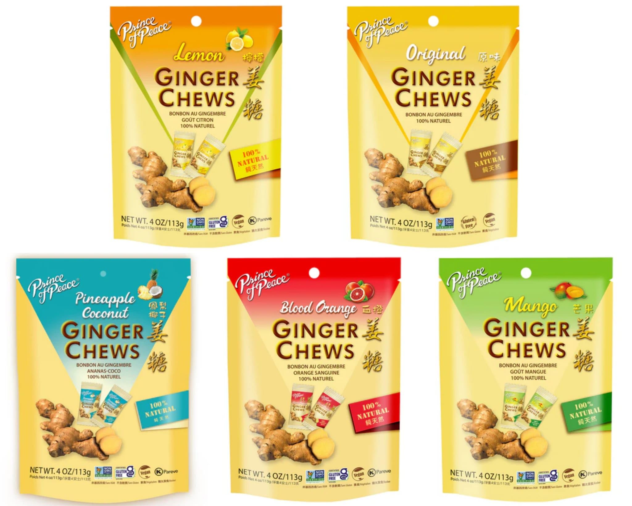 ADVENTURE BOX Ginger Chews 3 Flavor Variety Pack 4oz - Flavors original, Lemon, Blood Orange, Mango, Pineapple Coconut, 100% Natural, non-GMO, Vegan