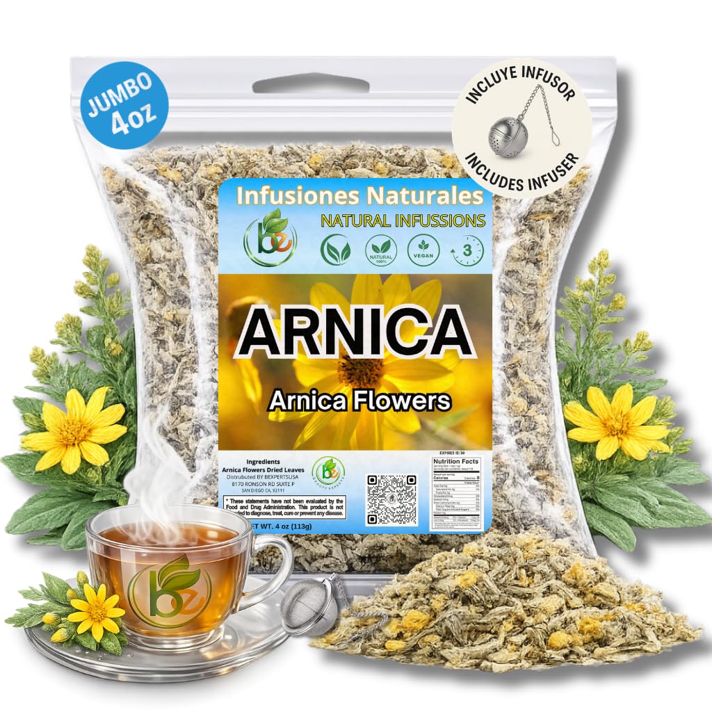 Arnica Flor Herbal Tea - 4 oz (113g) Loose Leaf + Stainless Steel Tea Infuser - 100% Natural - Caffeine-Free, Non-GMO, Gluten-Free, Vegan