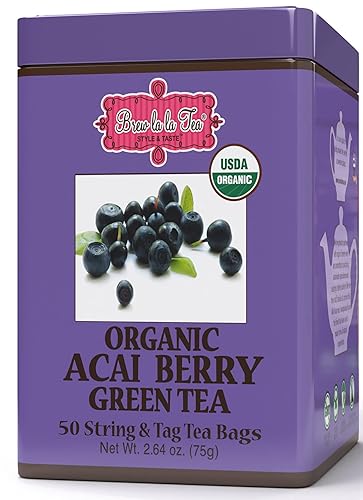 Brew La La Organic Green Tea - Natural Acai Flavor - 50 Double Chambered Bags - Low Caffeine Gourmet Tea - Certified Organic