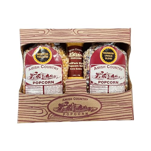 Amish Country Popcorn | 2-2lb Bag Gift Set - Medium Yellow and Rainbow with Ballpark Buttersalt | Old Fashioned, Non-GMO and Gluten Free