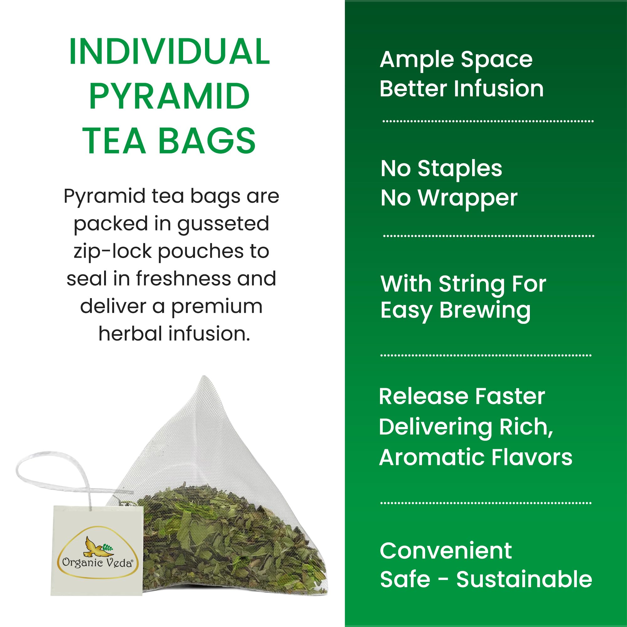 Organic Veda Moringa Tea 60 Pyramid Bags - True Green Single Origin USDA Organic Moringa Leaf Tea - cleanse, digest, metabolism, energy - Premium