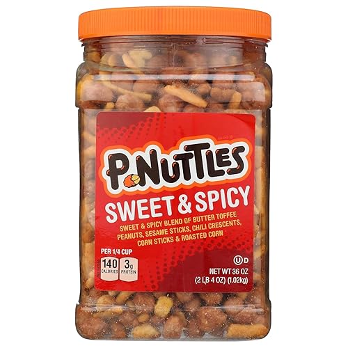 P-Nuttles Sweet & Spicy Snack Mix, 36 Oz Jar (Pack of 1) - Ideal Bar Mix - Butter Toffee Covered Peanuts with Sesame Sticks, Chili Crescents, Corn