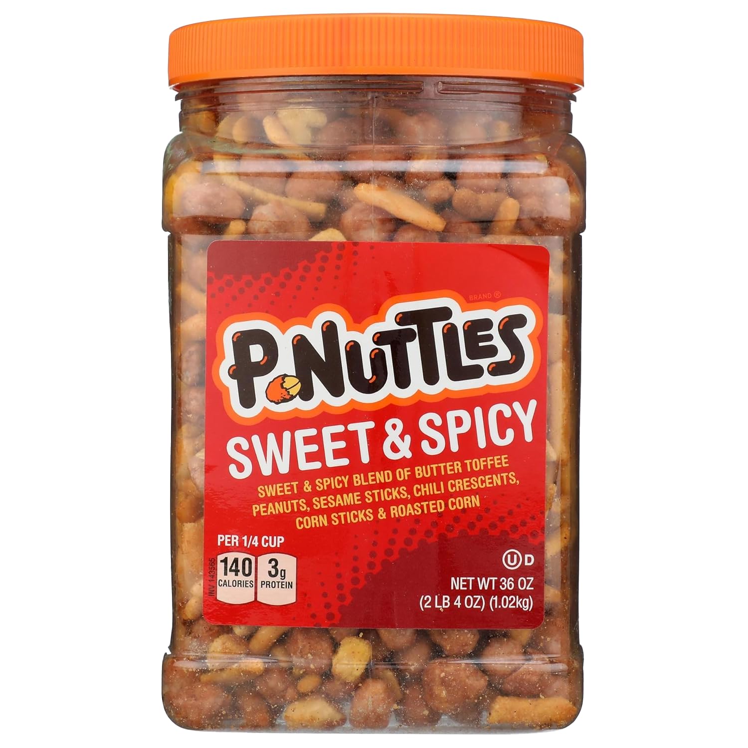 P-Nuttles Sweet & Spicy Snack Mix, 36 Oz Jar (Pack of 1) - Ideal Bar Mix - Butter Toffee Covered Peanuts with Sesame Sticks, Chili Crescents, Corn