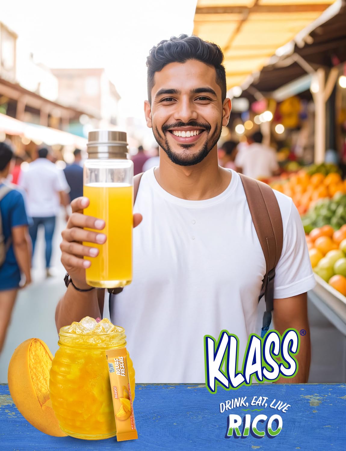 Klass Aguas Frescas, Powdered Drink Mix, 40 Singles Zero Sugar & Caffeine-Free Powder Packets, Water Drink Mix, Flavor: Mango - 5 Calories Per Packet