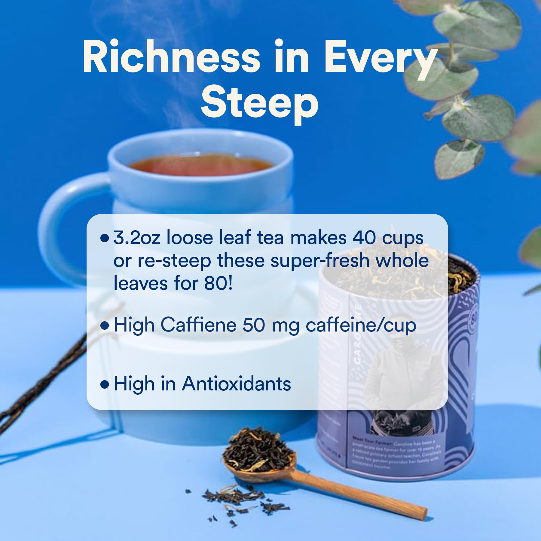 JusTea CREAM EARL GREY | Loose Leaf Black Tea | Tin with Hand Carved Tea Spoon | 40+ Cups (3.2oz) | High Caffeine | Award-Winning | Fair Trade |