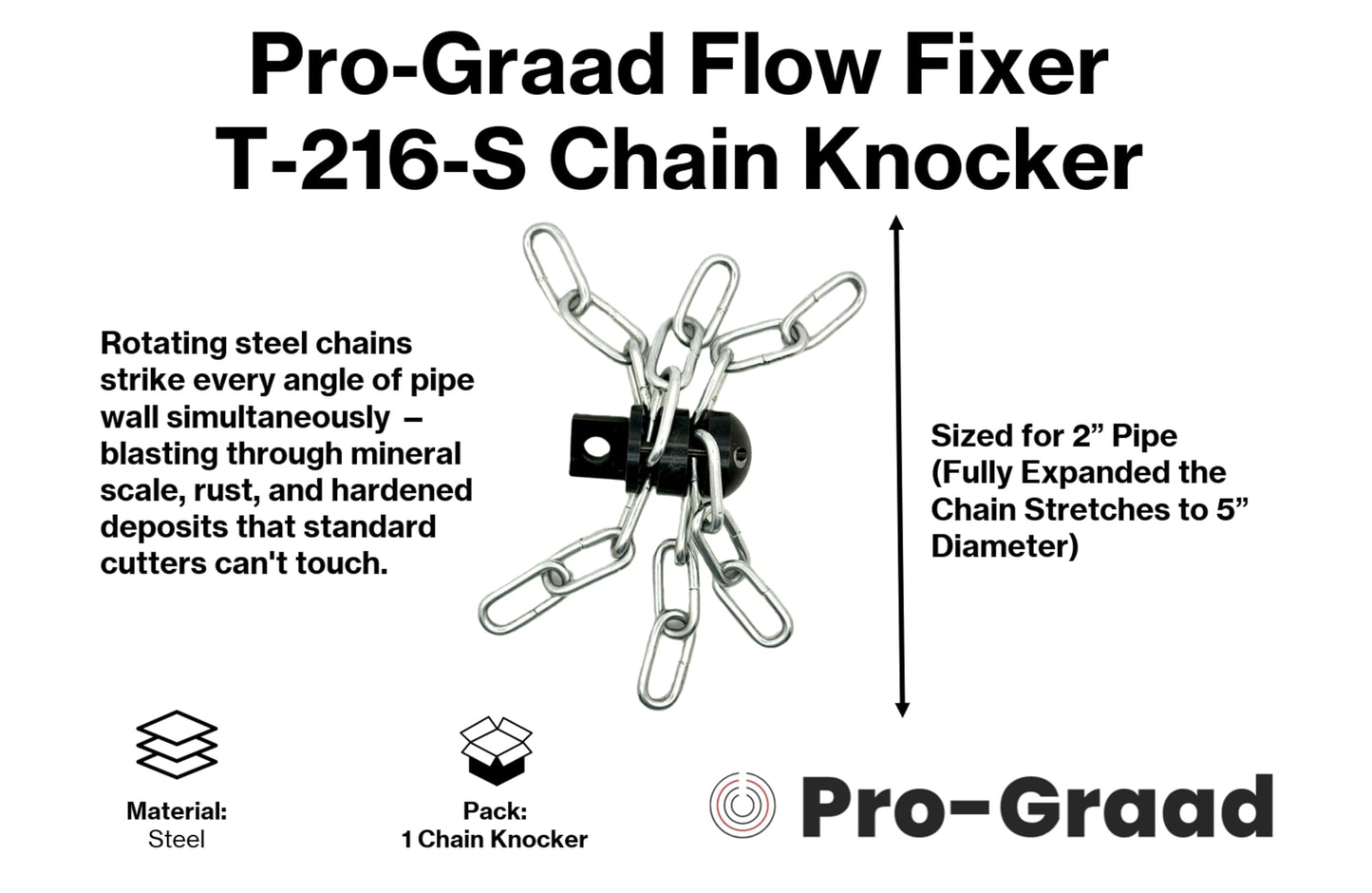 Pro-Graad FlowFixer T-216-S 2" Chain Knocker Drain Cleaning Head Slotted Connector | Heavy Scale Removal | Fits 3/8”, 1/2" or 9/16” Cables, Commercial