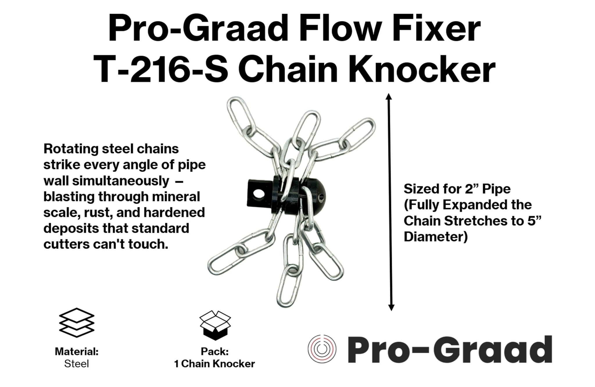 Pro-Graad FlowFixer T-216-S 2" Chain Knocker Drain Cleaning Head Slotted Connector | Heavy Scale Removal | Fits 3/8”, 1/2" or 9/16” Cables, Commercial