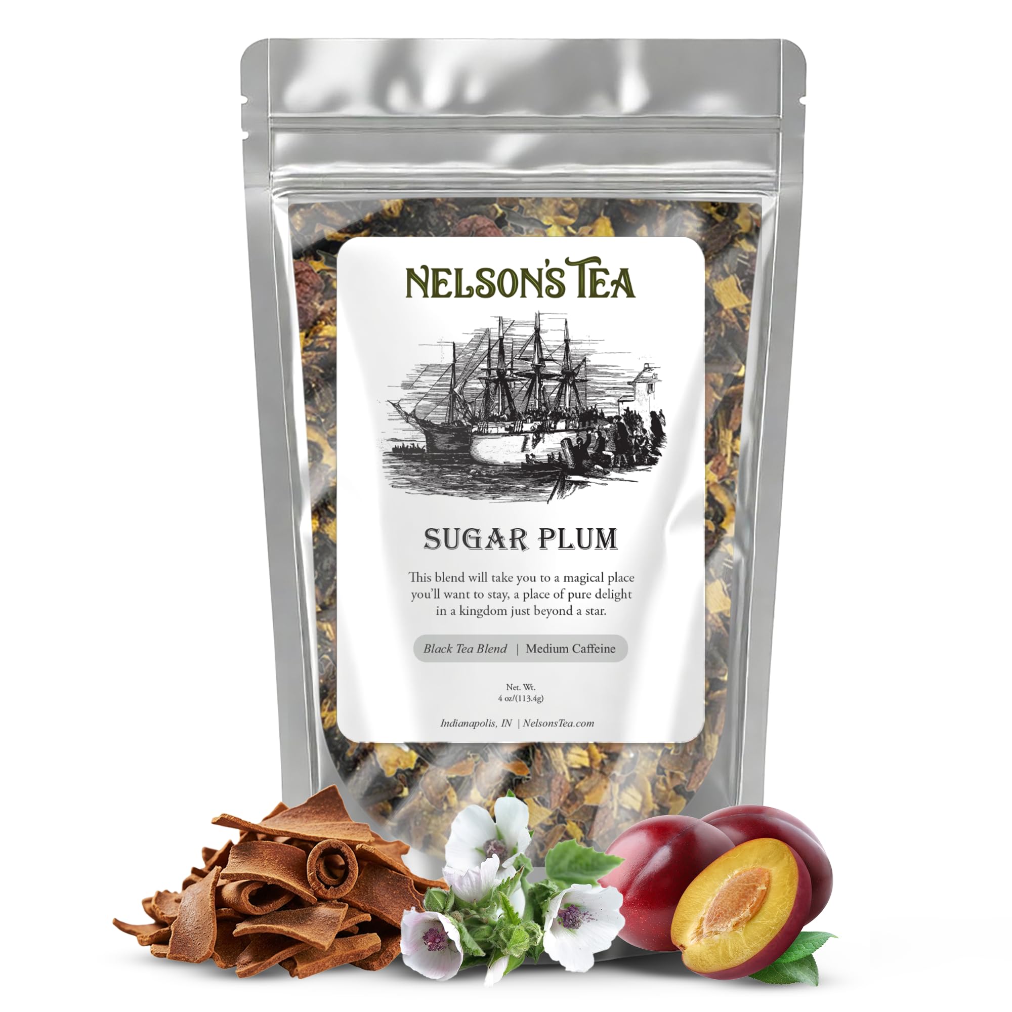 Nelson's Tea - Sugar Plum - Black tea, cinnamon, ginger root, anise star, licorice root, marshmallow root, orange peel, blackberries, allspice, clove