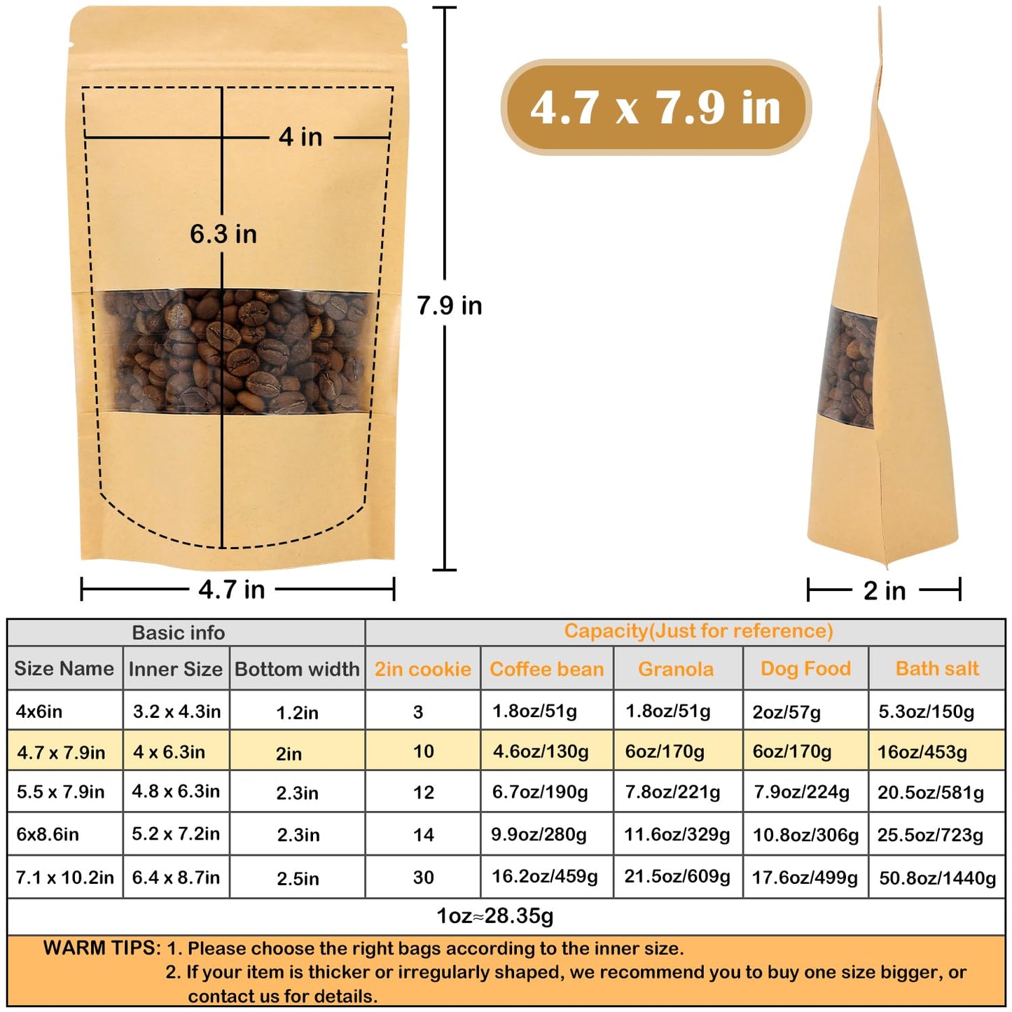Blisstime 50 Pack Kraft Paper Stand Up Pouch Bags, Resealable Bag with Transparent Window and Tear Notch for Multipurpose Storage (4.7 X 7.9 Inches)