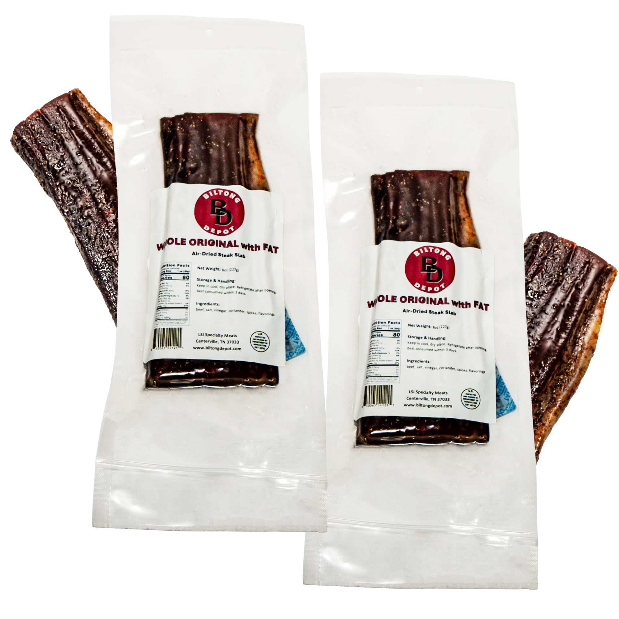 Biltong Depot Original Beef Biltong Slab with Fat - 1lb (2 x 8oz Slabs) | Air-Dried Beef Jerky Snack | High Protein | Zero Sugar | Keto & Paleo