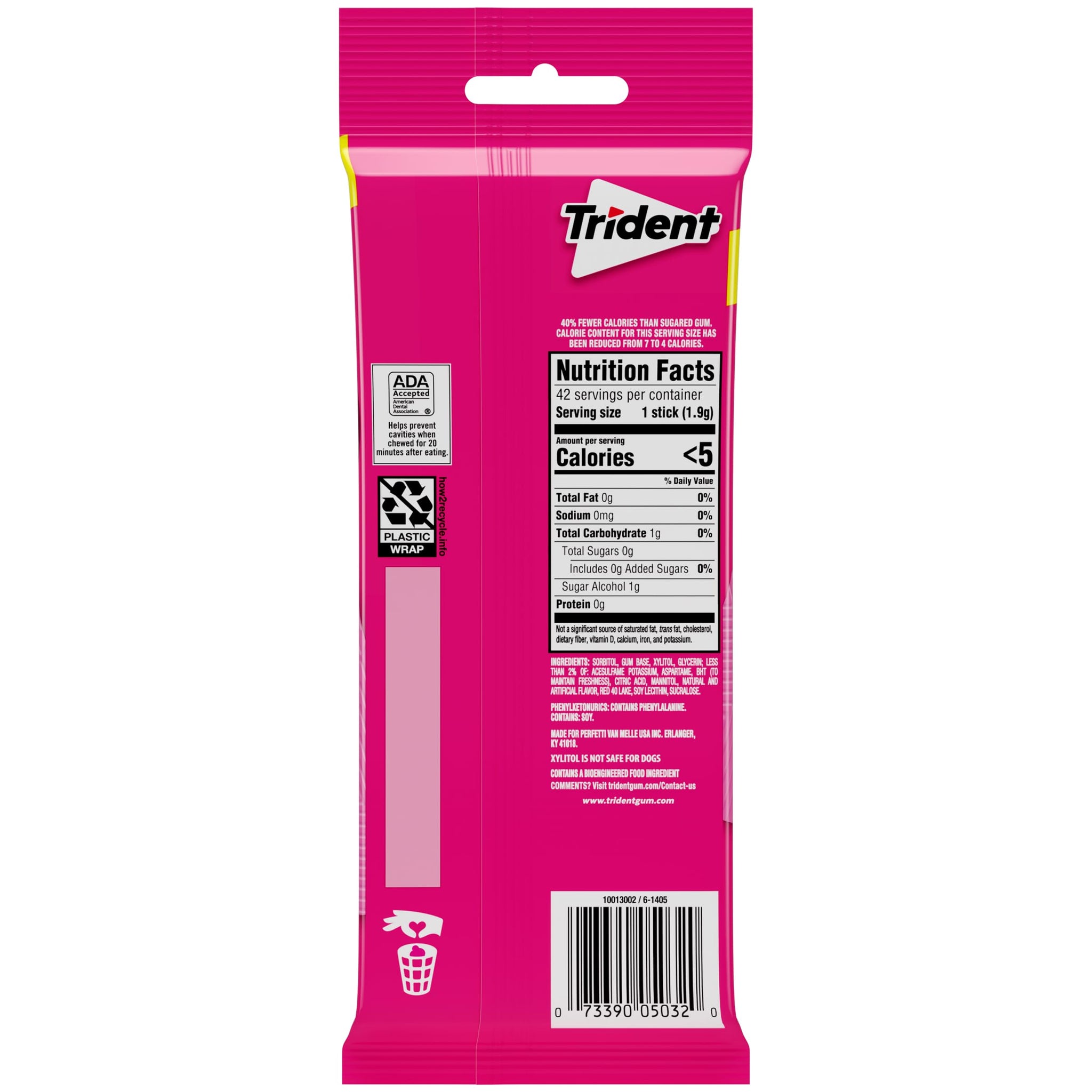 Trident Bubblegum Sugar-Free Chewing Gum, 3 Packs of 14 Pieces (42 Total Pieces)