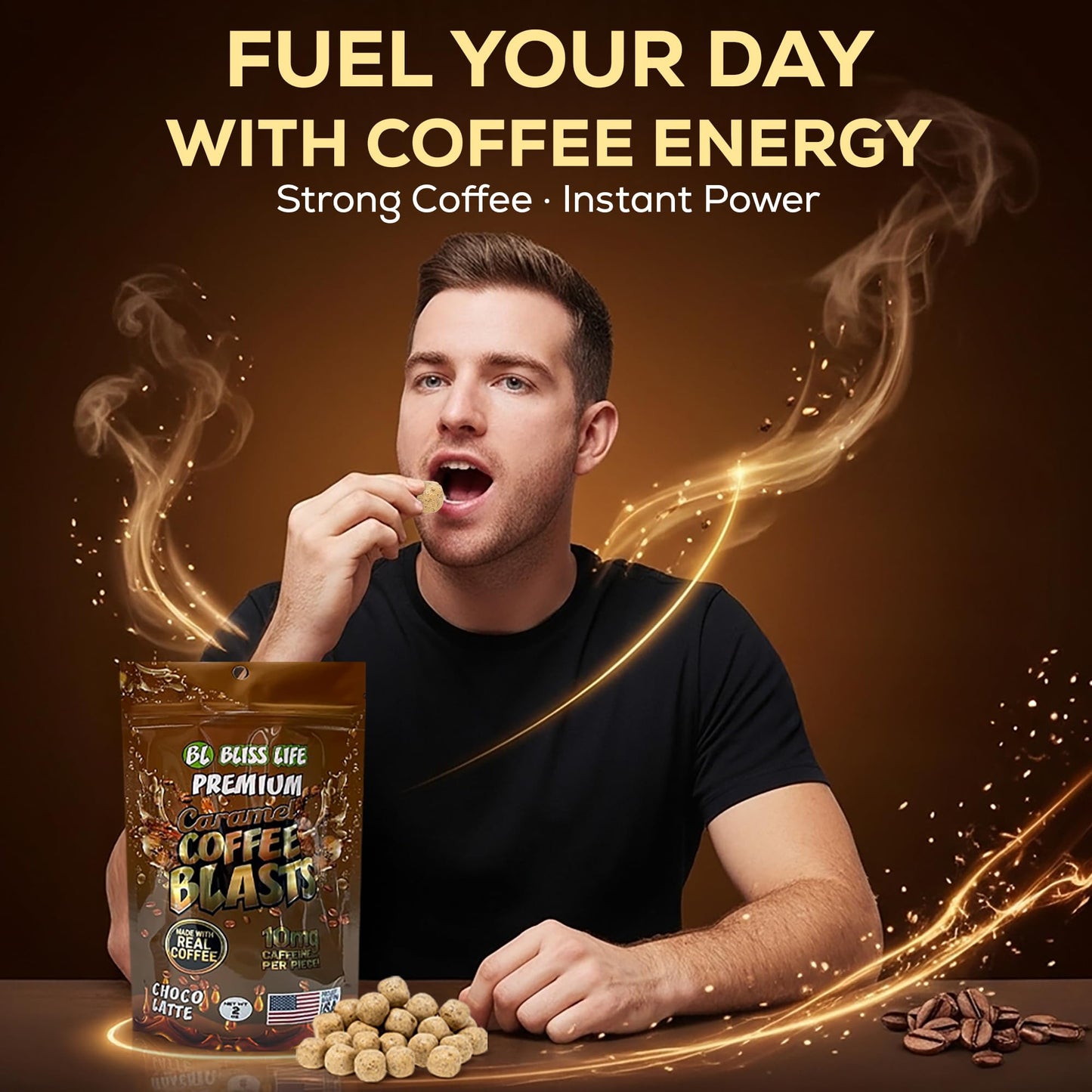 Caramel Coffee Blasts - Edible Coffee Revolution with Real Brewed Cafe in Three Amazing Flavors: Caramelo Macciato, Chocolate Latte, French Vanilla