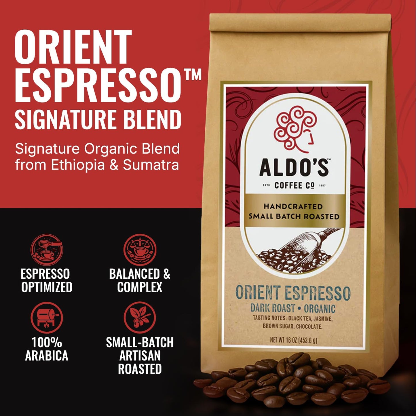 Aldo's Coffee Company Orient Espresso - Organic Dark Roast Whole Bean Coffee, Espresso Blend - 16 oz