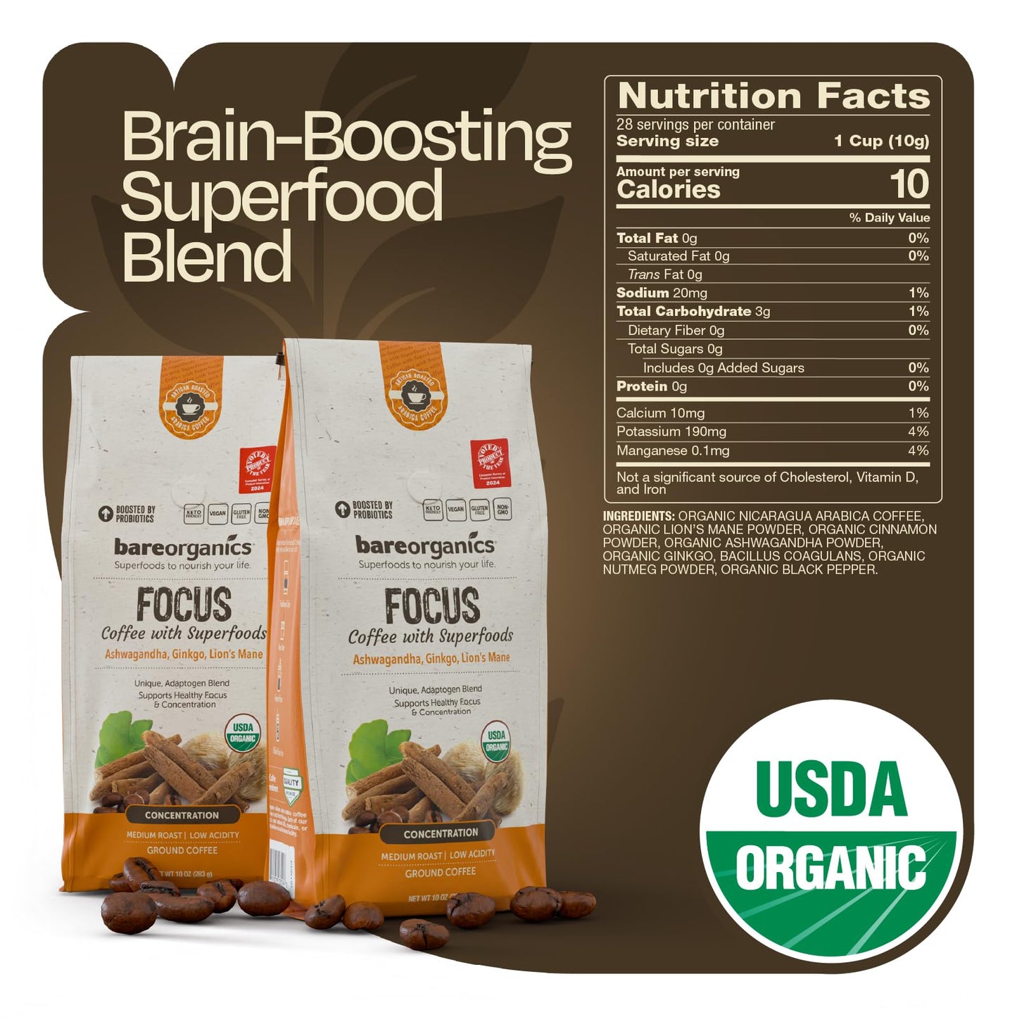 Focus Coffee with Superfoods - Organic Probiotic Mushroom Ground Bagged Coffee, Supports Healthy Focus & Digestion, Infused with Ashwagandha, Lion's