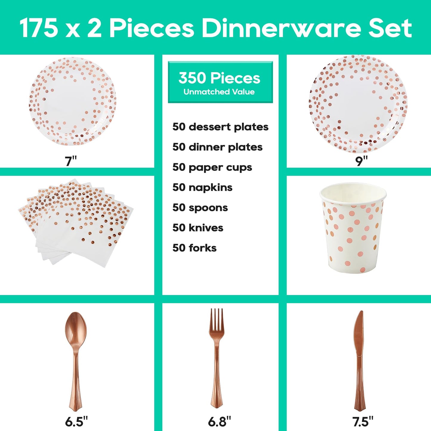 White and Rose Gold Party Supplies - 350 PCS Disposable Dinnerware Set - White Paper Plates Napkins Cups, Gold Plastic Forks Knives Spoon