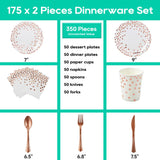 White and Rose Gold Party Supplies - 350 PCS Disposable Dinnerware Set - White Paper Plates Napkins Cups, Gold Plastic Forks Knives Spoon