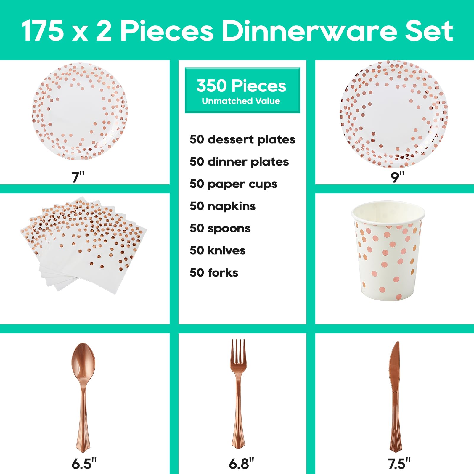 White and Rose Gold Party Supplies - 350 PCS Disposable Dinnerware Set - White Paper Plates Napkins Cups, Gold Plastic Forks Knives Spoon