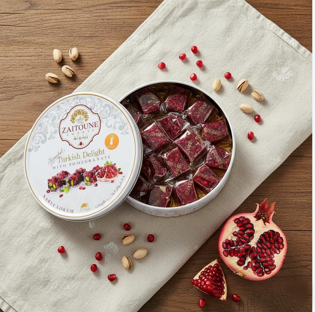 Zaitoune Pomegranate Covered Turkish Delight - 9 oz | Stuffed with Pistachios & Cashews | Coated with Dried Pomegranate Seeds | Authentic Lokum Sweets