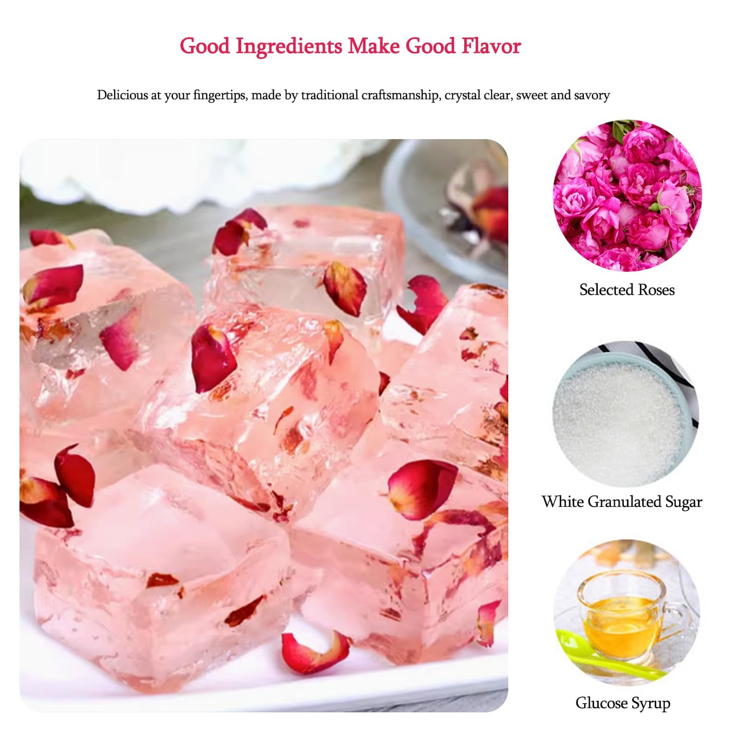 Rose Crystal Soft Cake,Rose Soft Candy,Dessert Of Jellies,Afternoon Tea Casual Candy Snacks, Individually Wrapped,Sparkling and Translucent,No