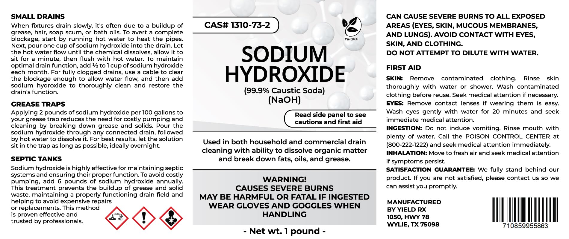 Yield RX Sodium Hydroxide (Caustic Soda) - Ultimate Drain Opener and Cleaner Chemical Solution