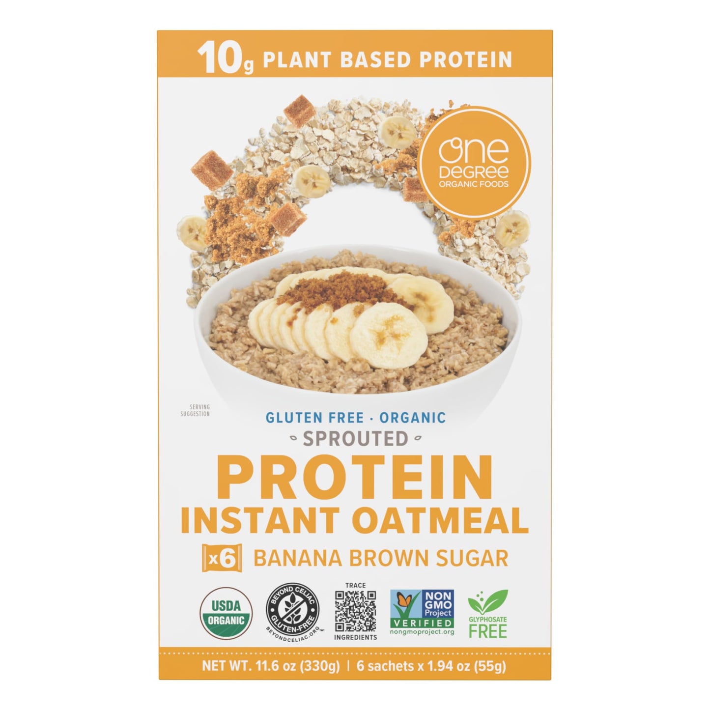 One Degree Organic Foods Gluten Free Sprouted Banana Brown Sugar Protein Instant Oatmeal, 11.6 ounce (Pack of 1)