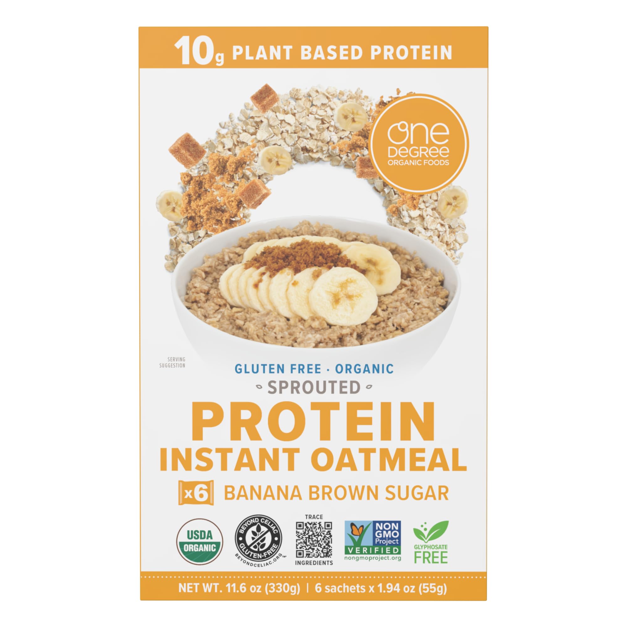 One Degree Organic Foods Gluten Free Sprouted Banana Brown Sugar Protein Instant Oatmeal, 11.6 ounce (Pack of 1)