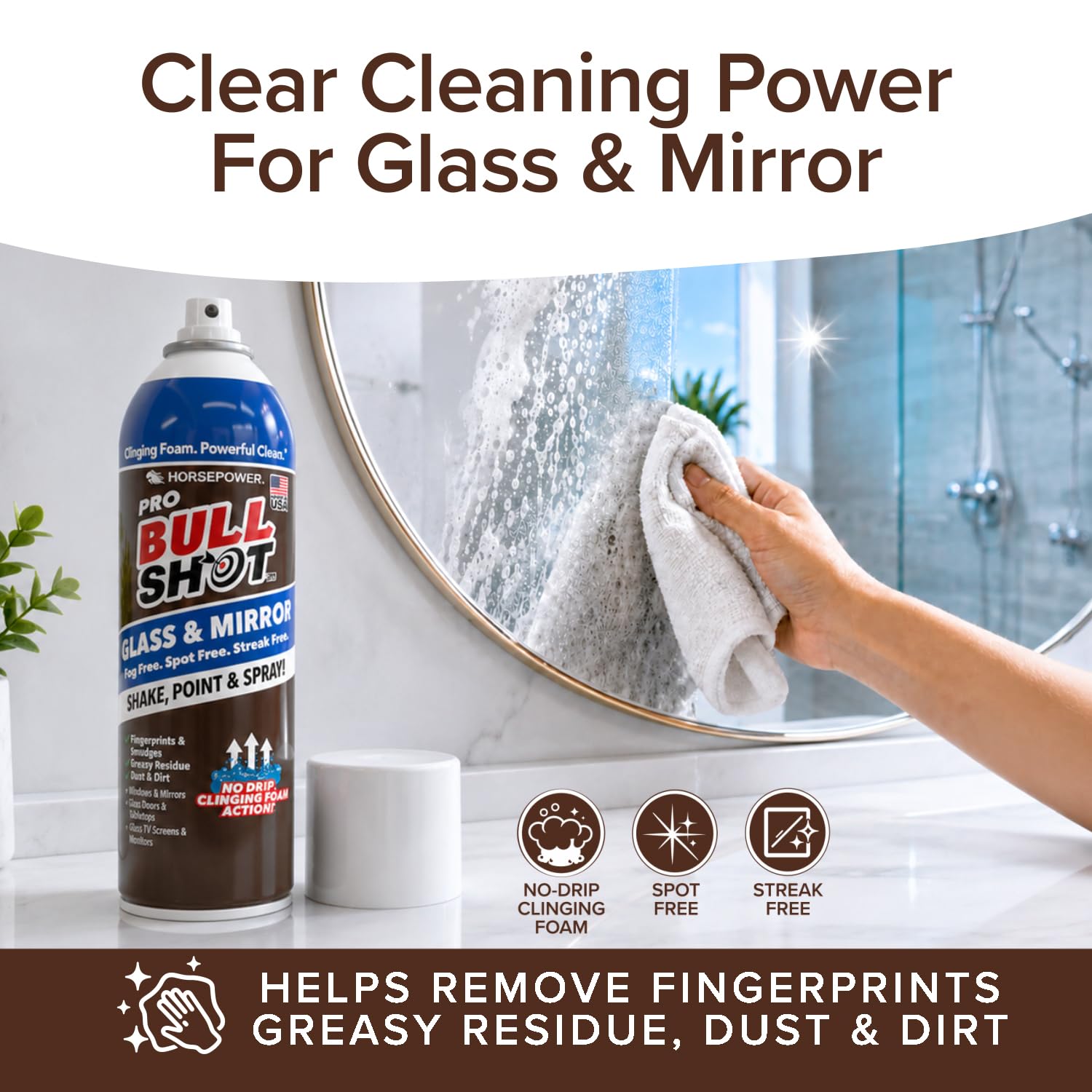Horsepower Bull Shot Glass & Mirror Cleaner, As Seen On TV, No-Drip Foaming Glass Cleaner for Mirrors, Windows & TV Screens, Made in USA