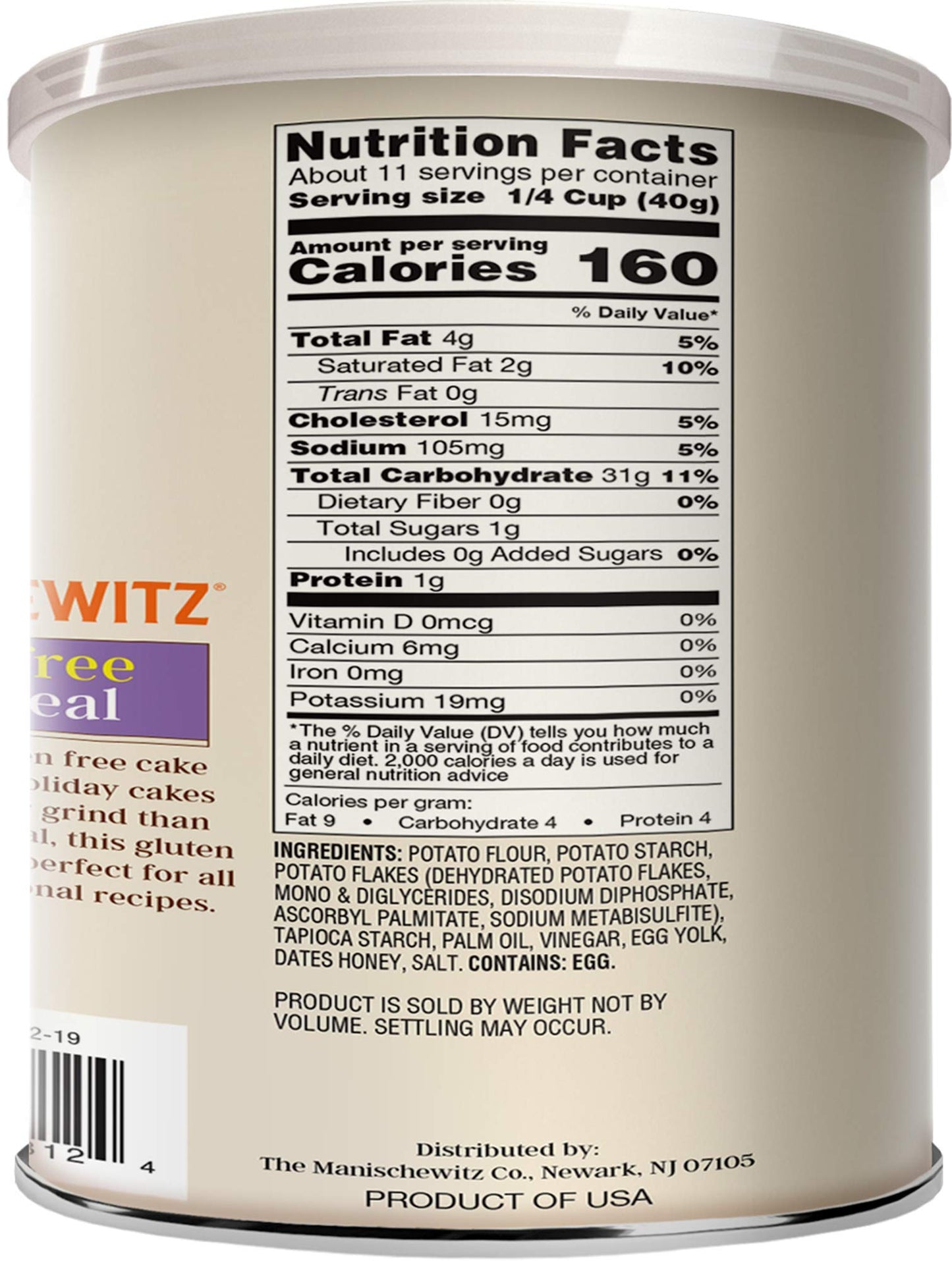 Manischewitz Gluten Free Cake Meal 16oz (2 Pack) Grain Free Cake Meal | Resealable Container| Kosher for Passover