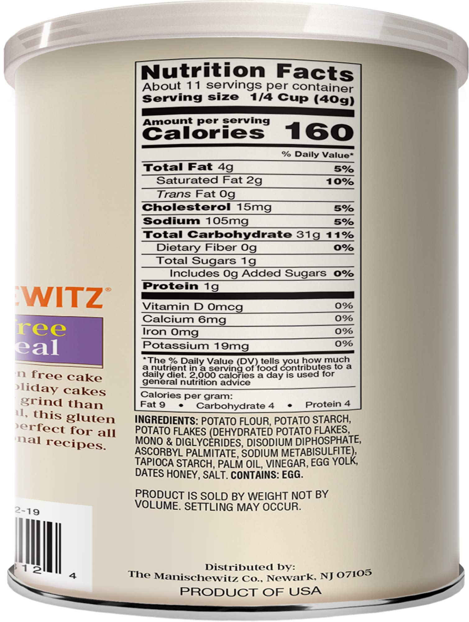 Manischewitz Gluten Free Cake Meal 16oz (2 Pack) Grain Free Cake Meal | Resealable Container| Kosher for Passover